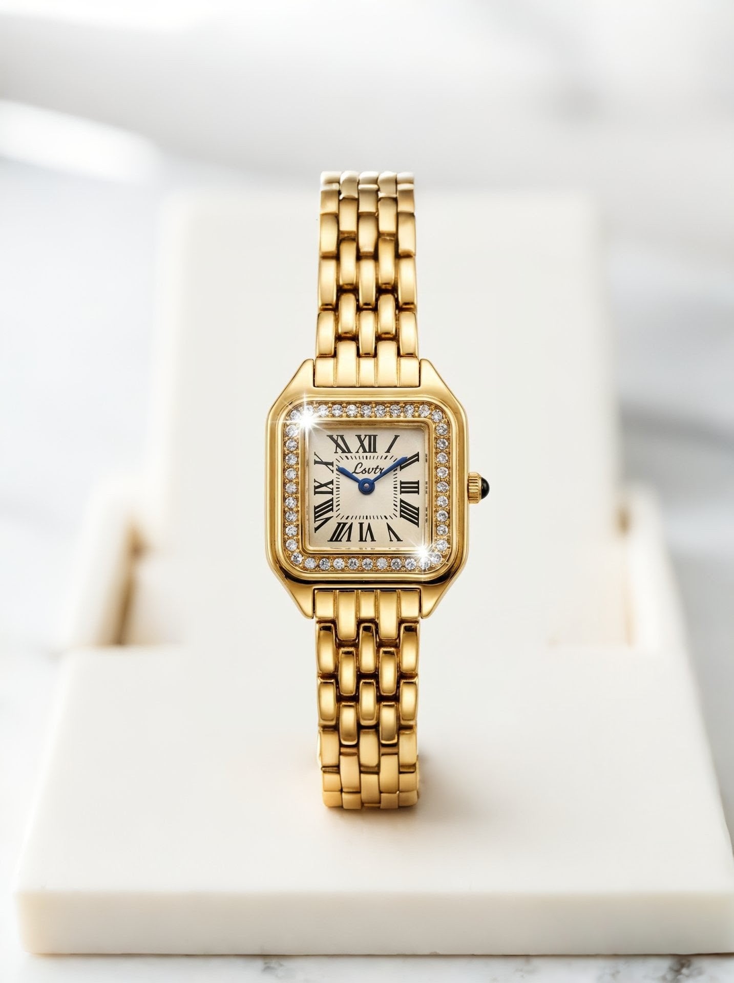 Gold Square Crystal Watch – Roman Dial