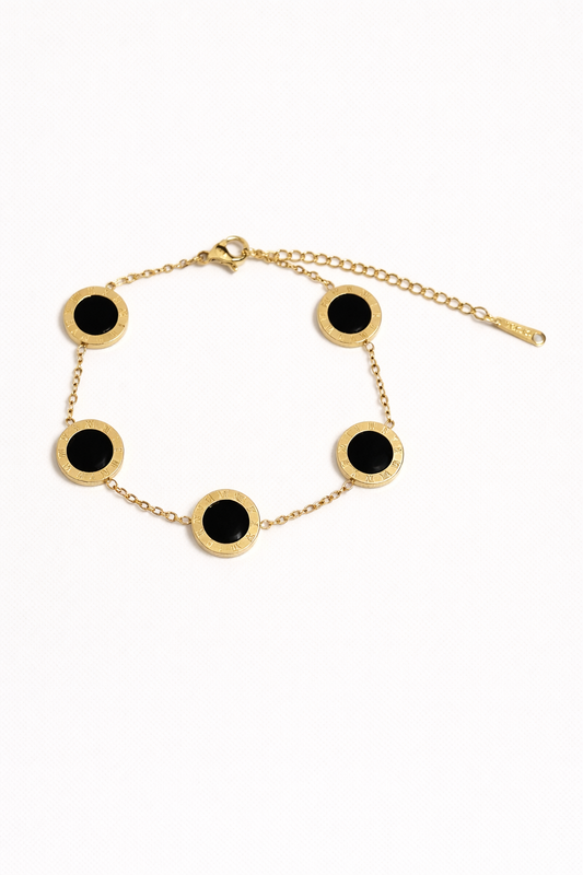 Roman Disc Charm Bracelet (Black / Pearl White) – Gold
