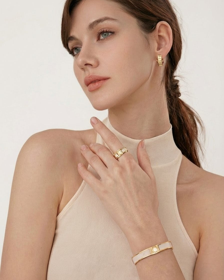 White Roman Enamel Bangle Bracelet – Gold